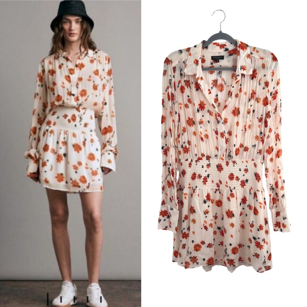 NWOT New‎ Rag & Bone Bailey Floral Smocked Long Sleeve Mini Dress Ivory Orange M